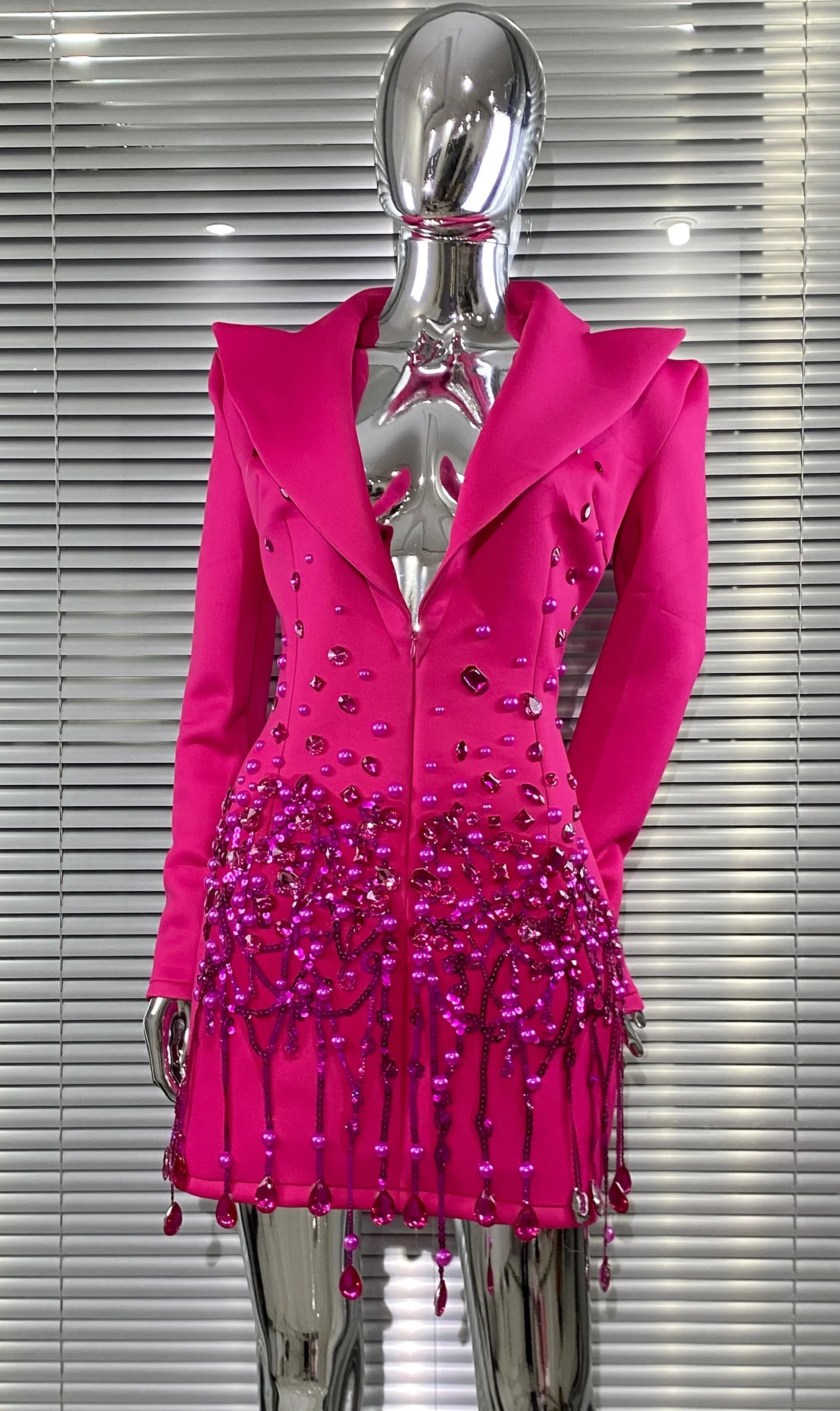 Luxury Diamonds Shining Sequins Deep V-Neck Mini Suit Dress Fashion Woman Birthday Party Dress Stage Performance Costume Rose Red