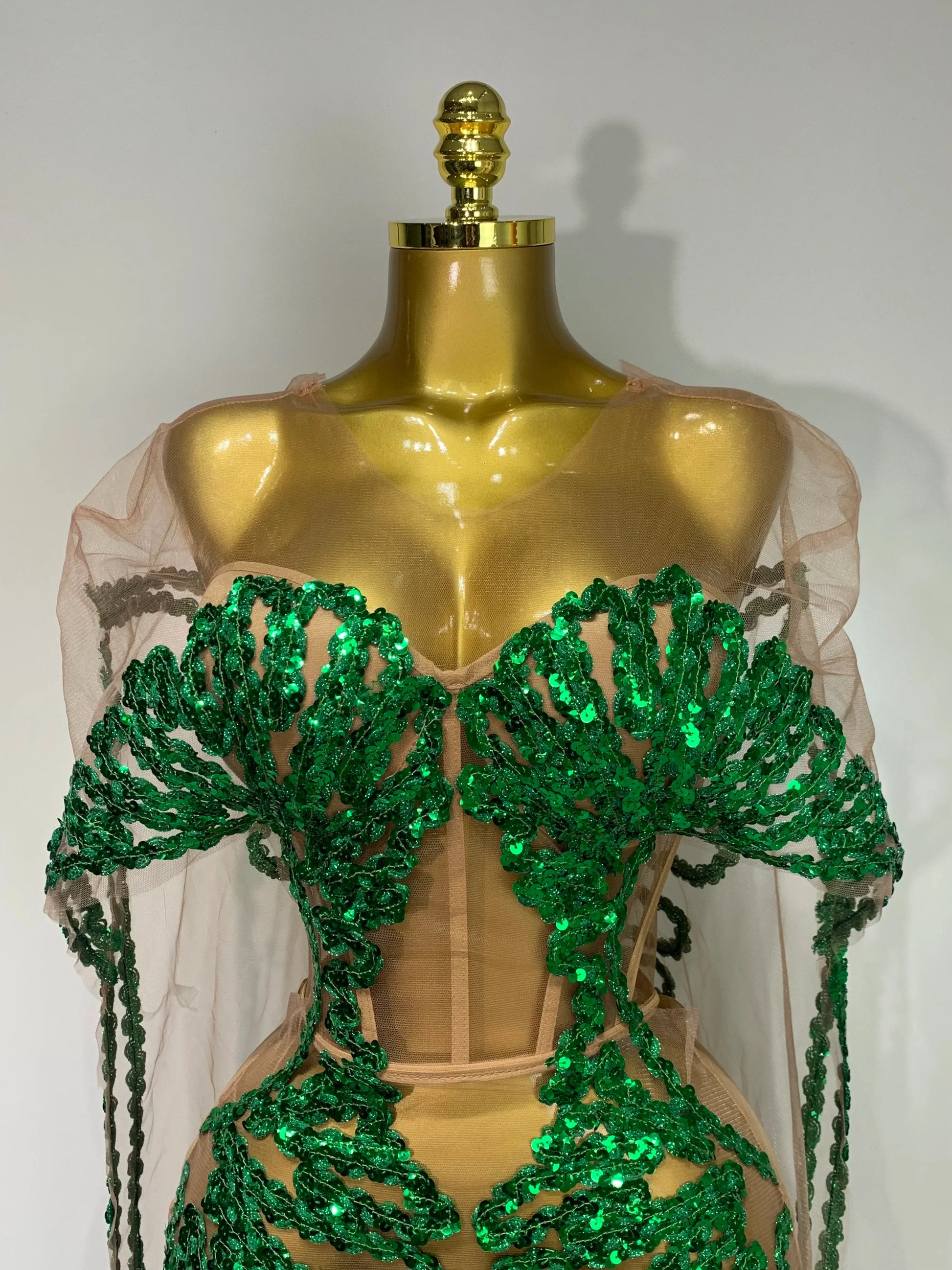 Sexy Mesh See Through Long Dress Sparkly Green Sequins Night Club Party Dress Cloak Birthday Celebrate Drag Queen Stage Costumes