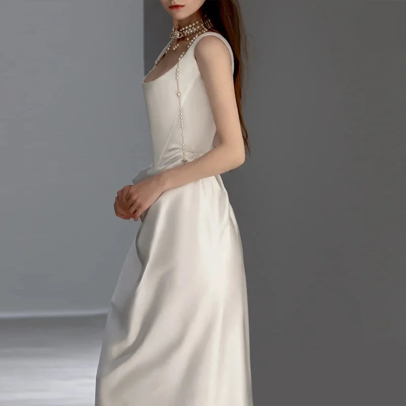 French Style White Satin Trailing Bride Wedding Dress Elegant Prom Evening Dresses for Women Summer Sexy Formal vestidos