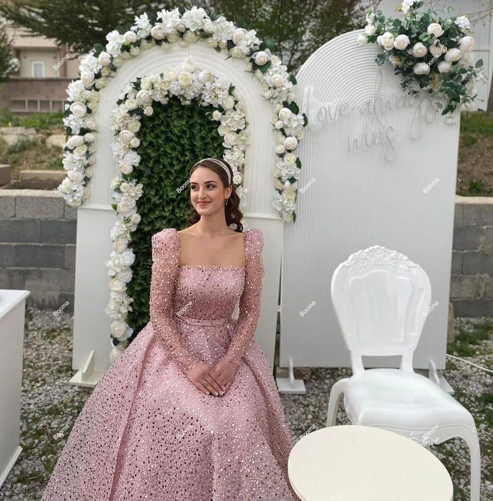 A Line Pink Shiny Short Wedding Dresses Long Sleeves Bridals Gowns Sequined Midi Bride Party Dresses Elegant Evening Dress
