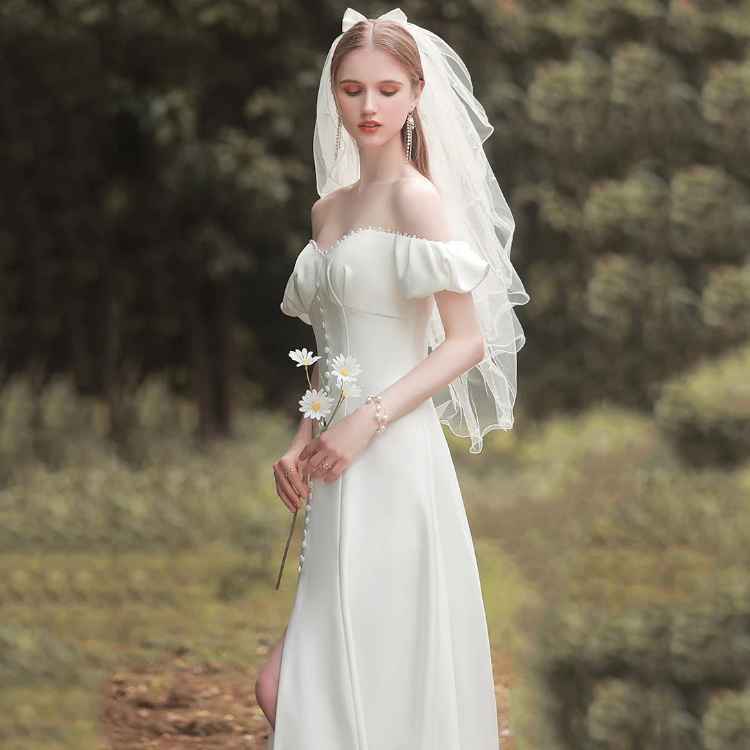 Robe de mariée en Satin blanc français, col bateau, manches bouffantes, élégante, Sexy, fendue devant, longue soirée, robe formelle pour femmes