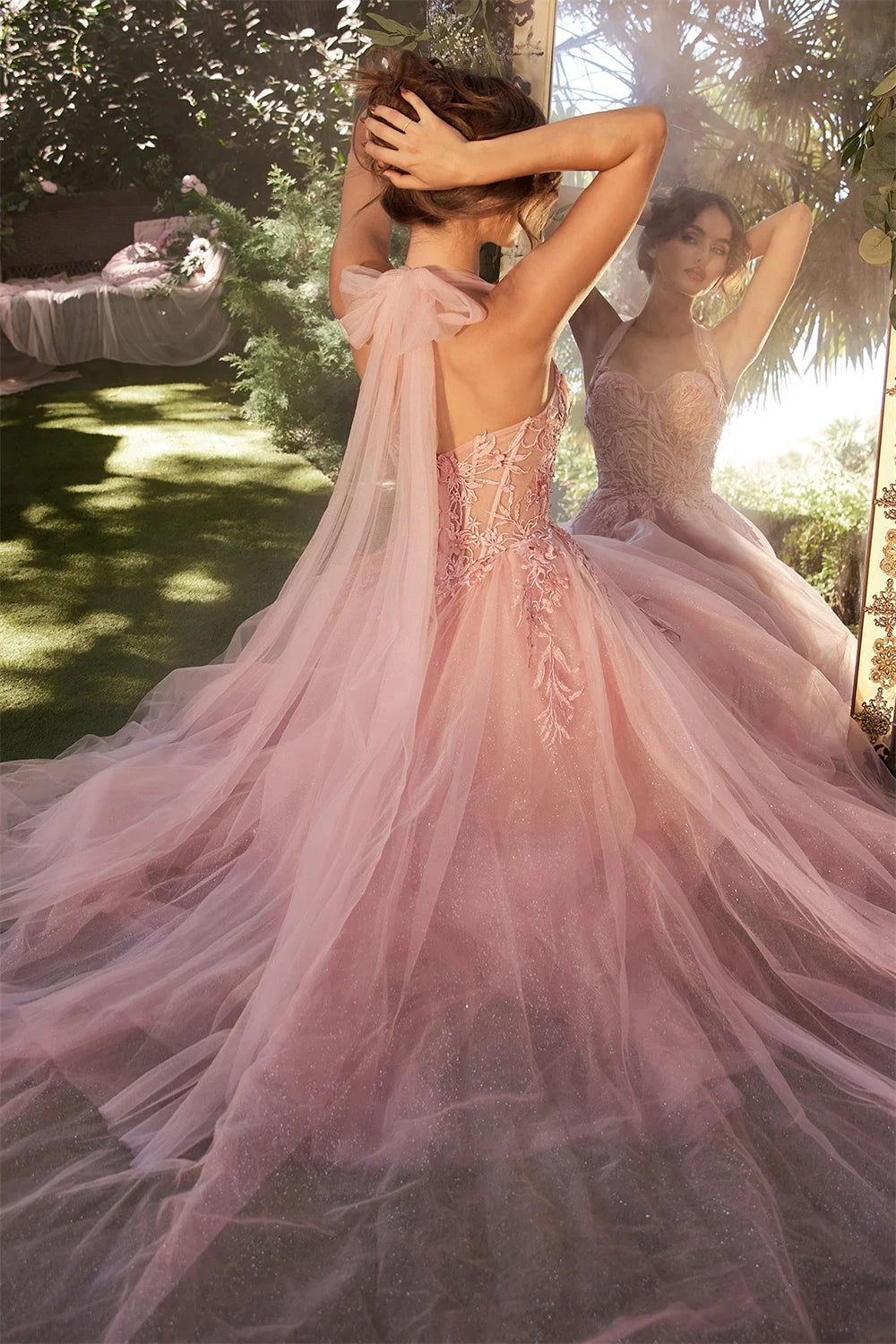 Pink Lace Embroidery Tulle Prom Dress Off Shoulder Backless A-line Vestidos De Novia Elegant Sleeveless robes de soirée