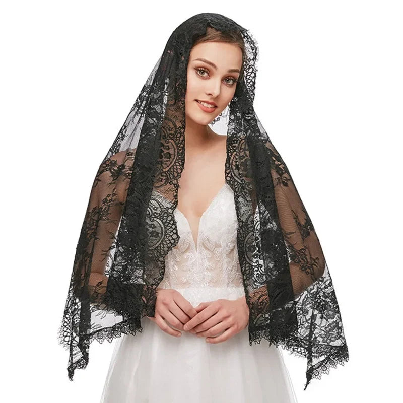 Lace Mantilla Veils For Wedding Bride Spanish Muslim Head Covering Scarf Shawl Catholic Veils For Church White Black Bridal Veil black