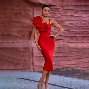 Black Red Color Women Sexy Strap Florals Bodycon Midi Bandage Dress Celebrate Nightclub Party Birthday Photo Shoot Outfit