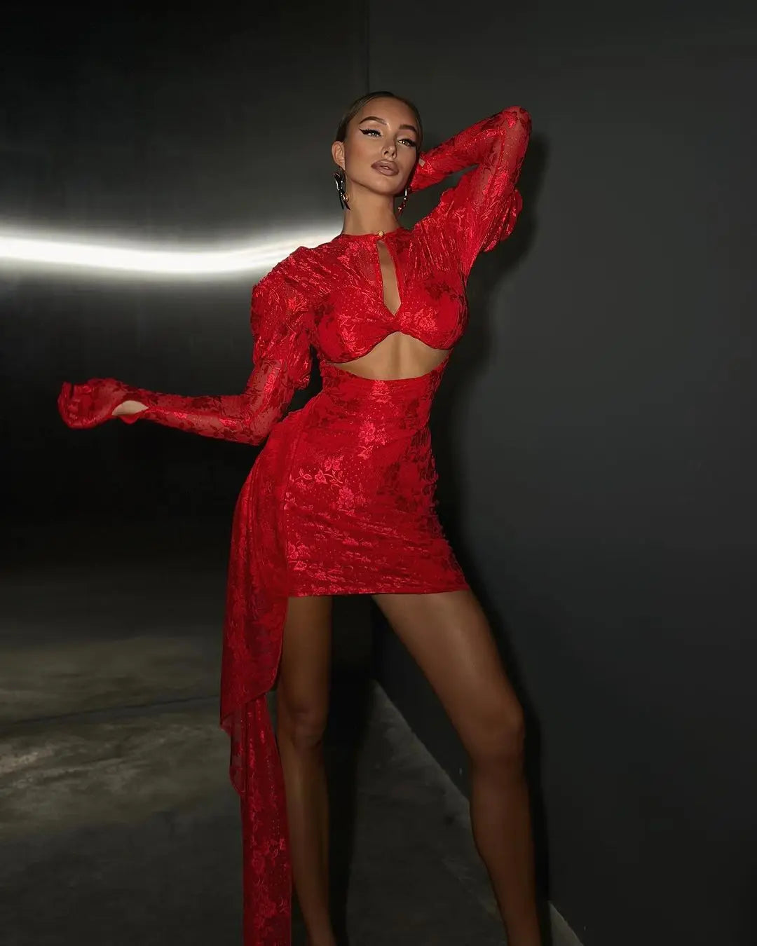 Sexy Hollow Out Long Hemline Lace Evening Dress Fashion Woman Birthday Party Vestido Celebrity Evening Party Outfit Red