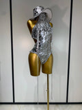Sprakly Silver Bodysuit Sexy Two Pieces Outfit Dancer Birthday Evening Party Celebrate Performance Singer Stage Perform Outfit