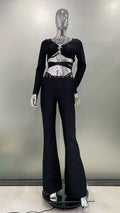 Stylish Res Bandage Woman Set Diamond Chains Backless Halter Cropped top And Waist Chain Flare Pants 2 Pieces Club Party Outfit black