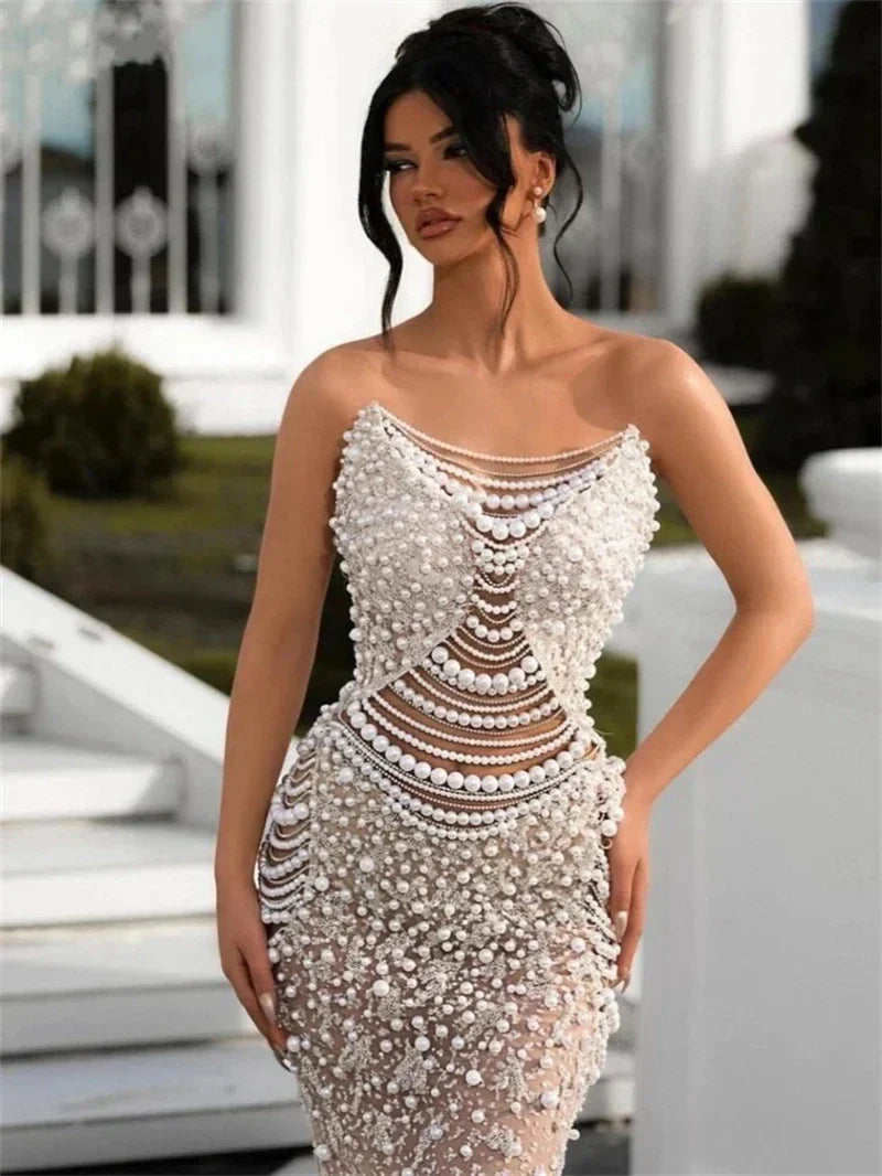 Luxury Pearl String Sexy See Through White Sequins Long Dress Elegant Woman Wedding Party Dress Red Carpet Goddess Vestido Beige