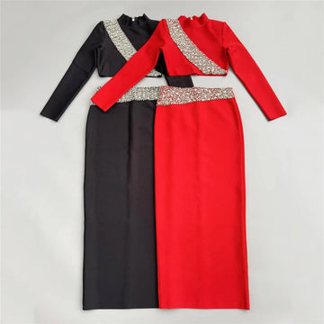Black Red Women Long Sleeve Shinning Rhinestones 2 Pieces Bodycon Long Bandage Dress Elegant Evening Party Red Carpet Outfit