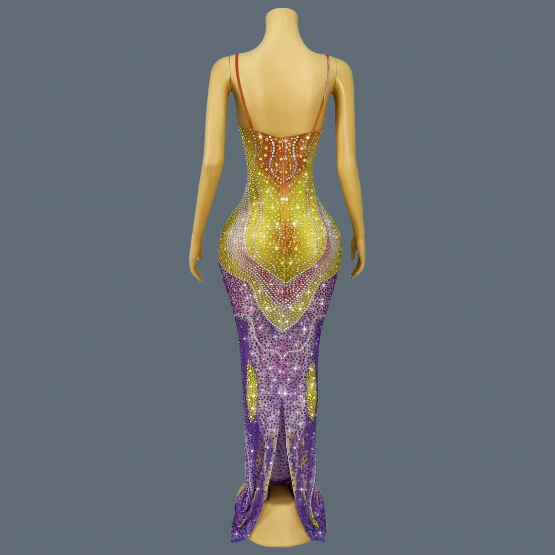 Sparkly Rhinestone Sexy Long Strap Dress High-end Evening Dress for Women Birthday Celebrate Party Chic Dresses Qiancaifanghua AS PHOTO