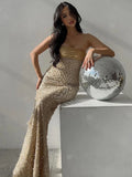 Strapless Luxurious Gold Pearls Details Women's Long Dress Beaded Elegant Slim Bodycon Evening Party Birthday Dress Vestidos
