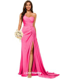 Pink One Shoulder Bridesmaid Dresses Satin Sleeveless Mermaid Side Split Ruched Sweep Train Wedding Party Dress Customized