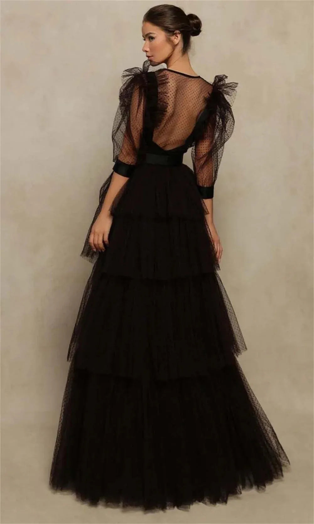 Mysterious V-neck Prom Dress Multilayer Vestidos De Noche Black Puffy Sleeve Prom Gown Perspective فساتين السهرة Black