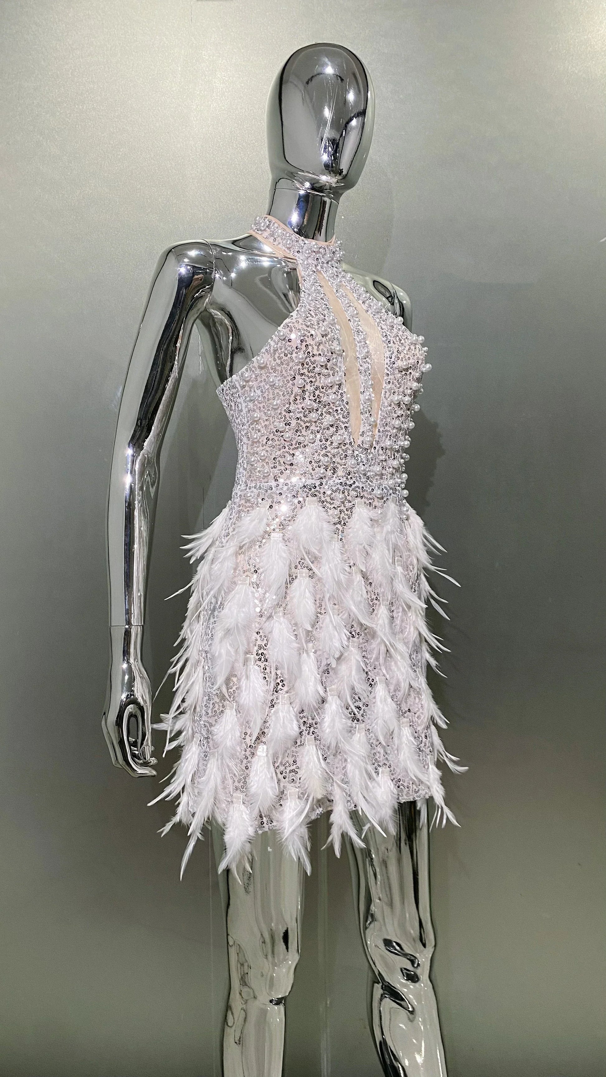 Gorgeous Feathers Beading High Slit Strapless Long Dress Woman Evening Dress Celebrity Birthday Party Outfit