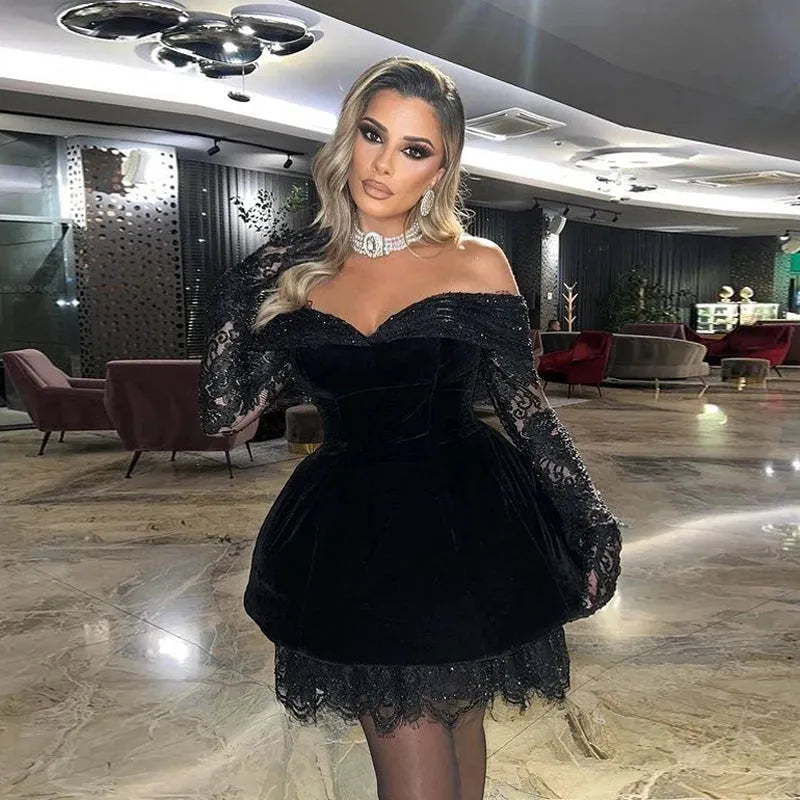 Black Lace Velvet Short Cocktail Dresses with Gloves Off the Shoulder Mini Length Prom Gown Customized Formal Party Dress 2024 Black