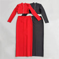 Black Red Women Long Sleeve Shinning Rhinestones 2 Pieces Bodycon Long Bandage Dress Elegant Evening Party Red Carpet Outfit