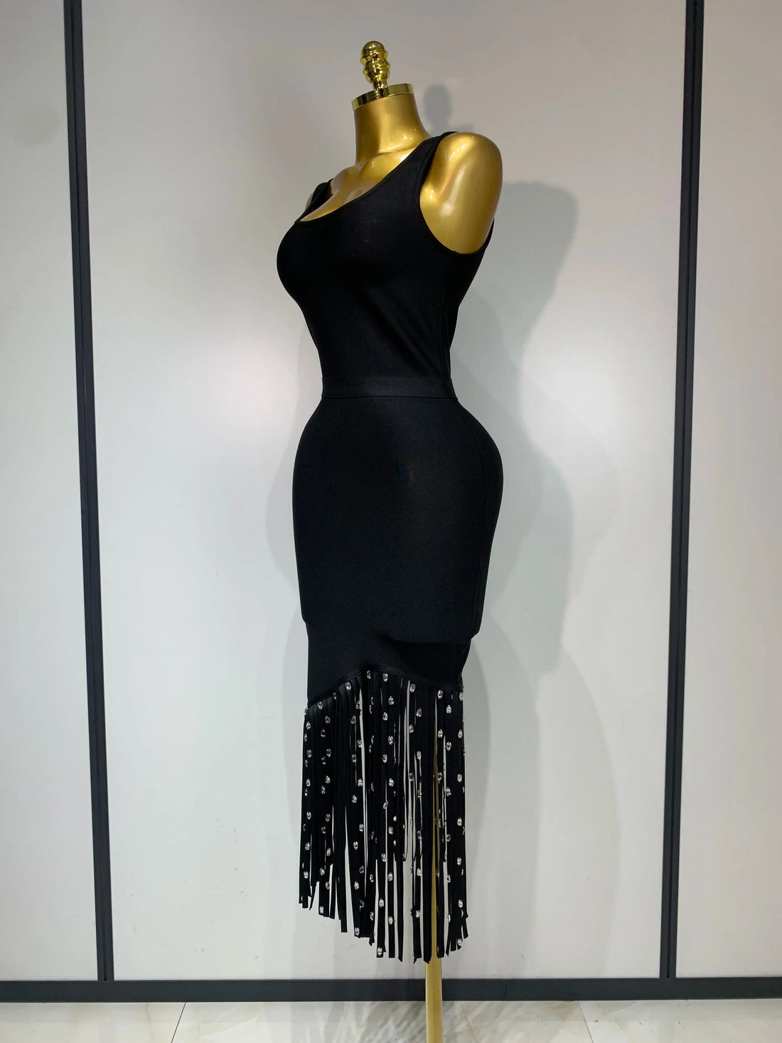 Fashion Crystal Tassel Temperament Suspender Bodycon Bandage Dress Sexy Midi Evening Party Birthday Dresses Vestidos black