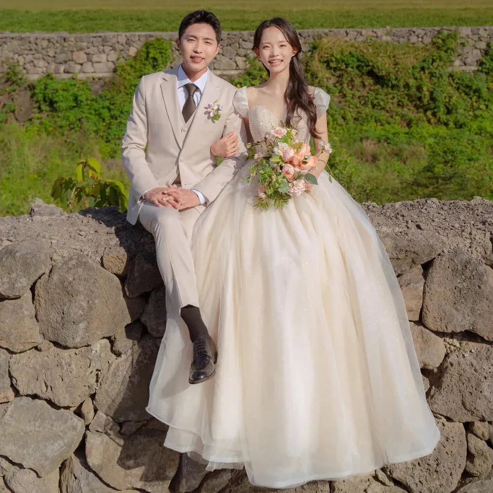 Sweetheart Custom Made Wedding Gown 웨딩드레스 Civil Tulle Short Sleeves A-Line Korea Ivory Brides Gowns Women Bridal Dresses As picture 26w