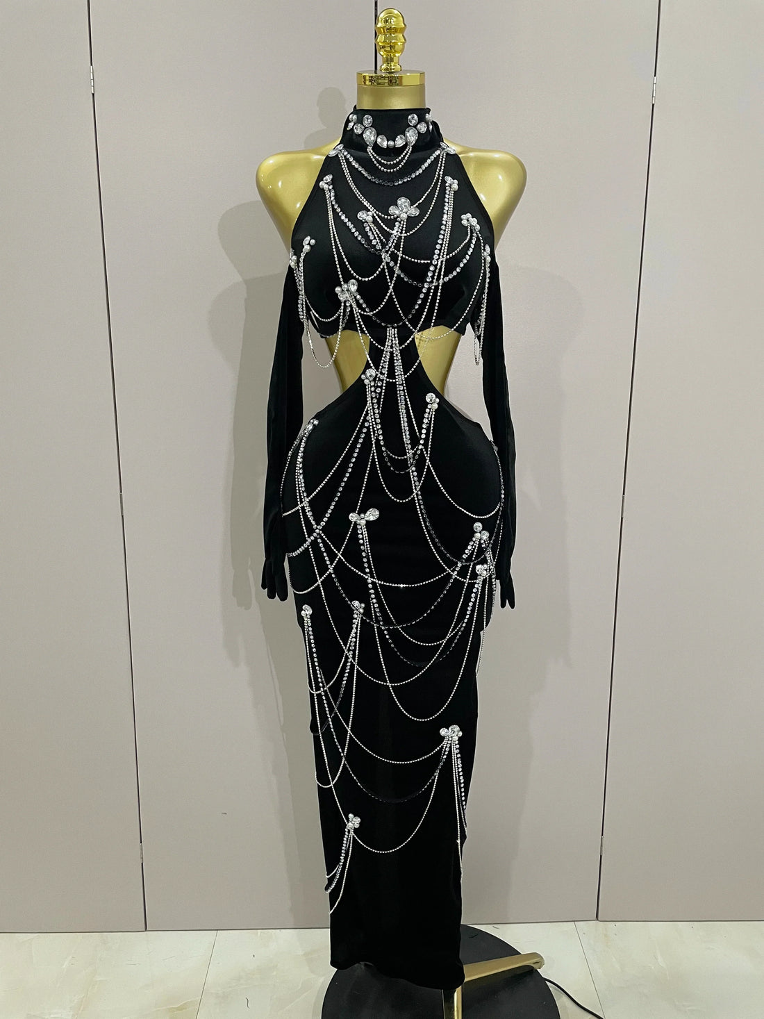 Women Sparkly Diamonds Tassels Chain Balck Sexy Halter Backless Long Dress Evening Birthday Party Celebrate Stage Costume black