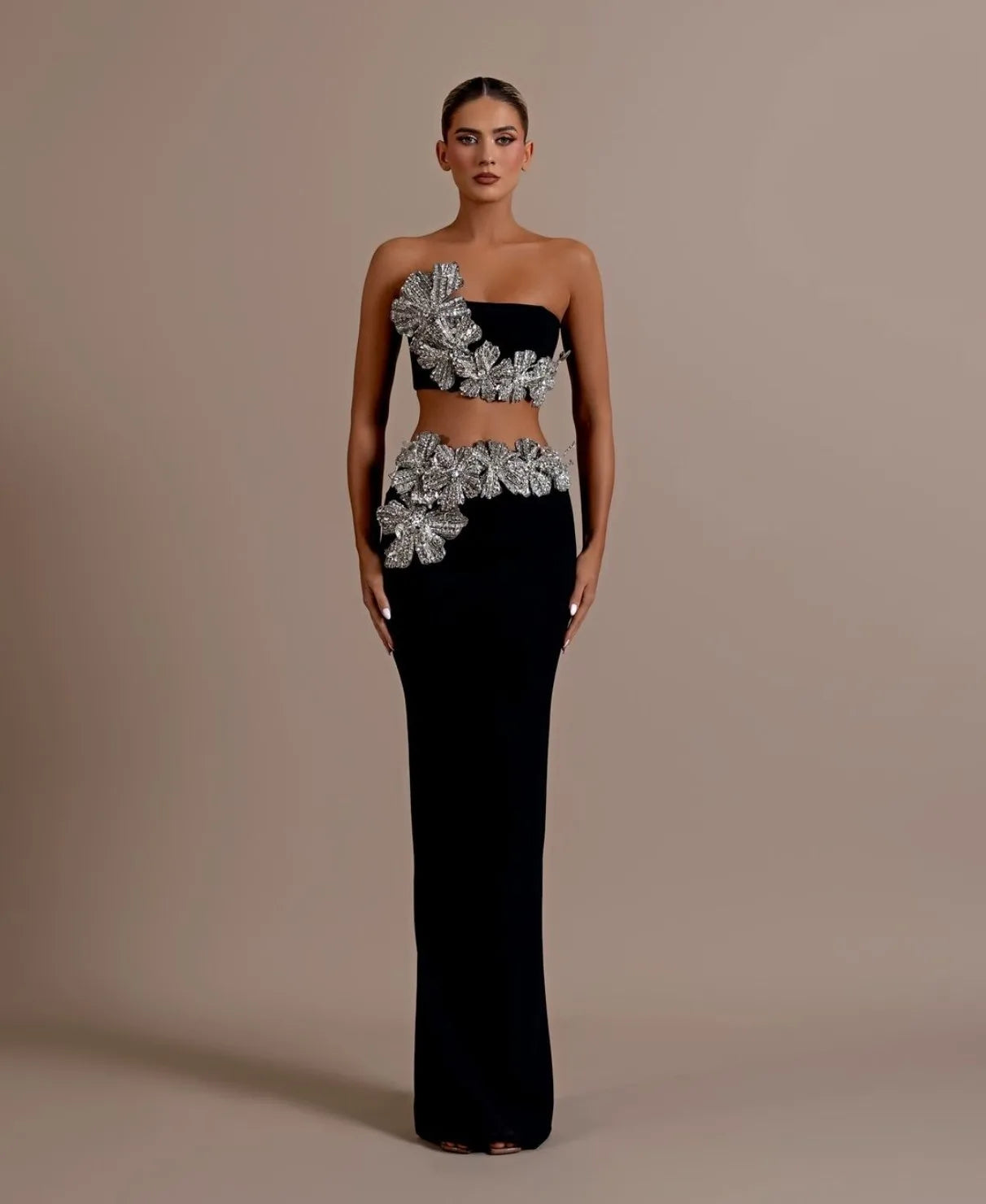 Luxury Dazzling Diamond Flowers Short Strapless Top And Ankle Length Skirt 2 Pieces Woman Set Celebrity Party Vestido