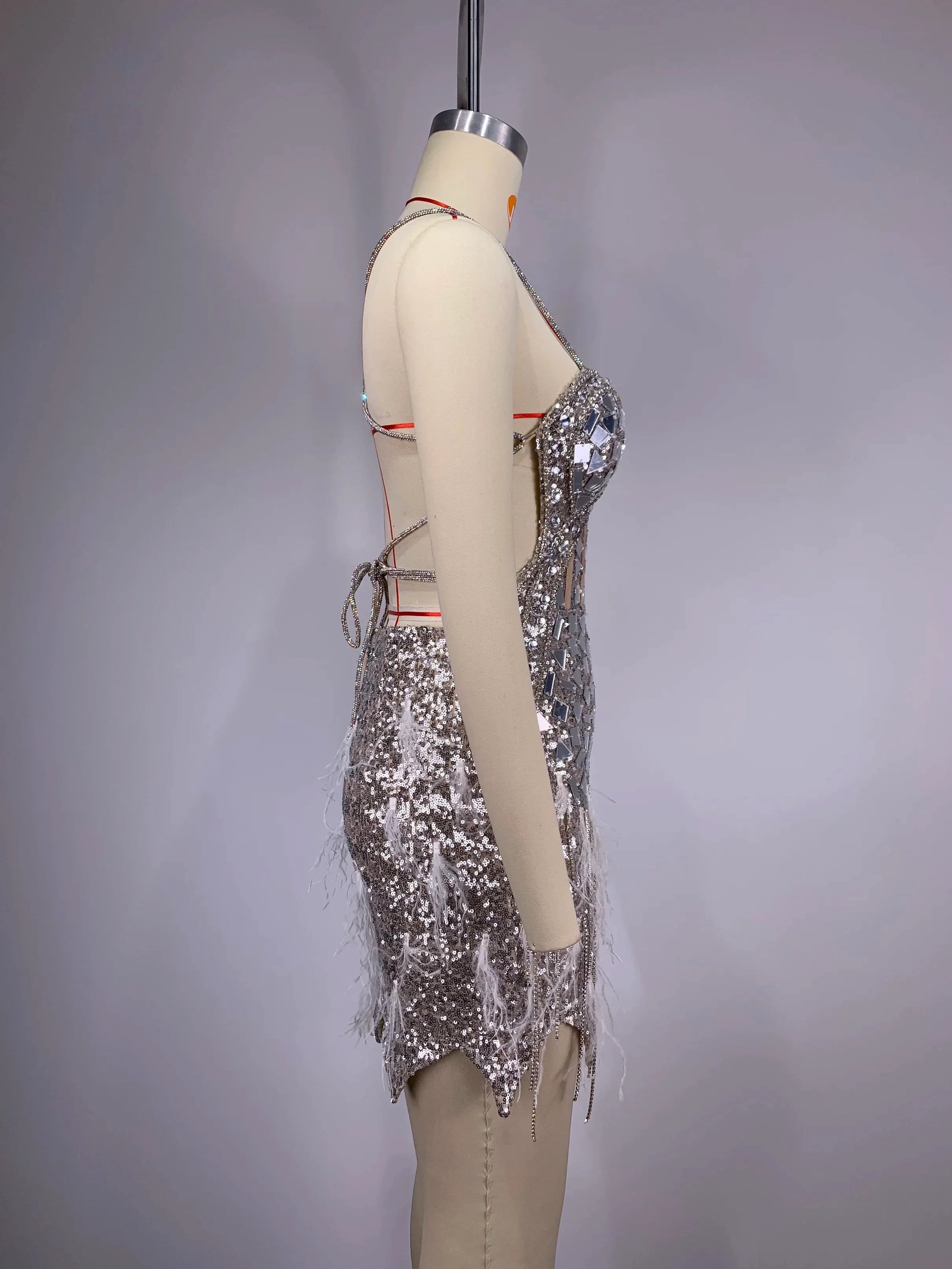 Sliver Sequins Diamonds Tassel Sexy V-Neck Strapless Mini Evening Dress Woman Birthday Party Outfit Stage Performance Costume