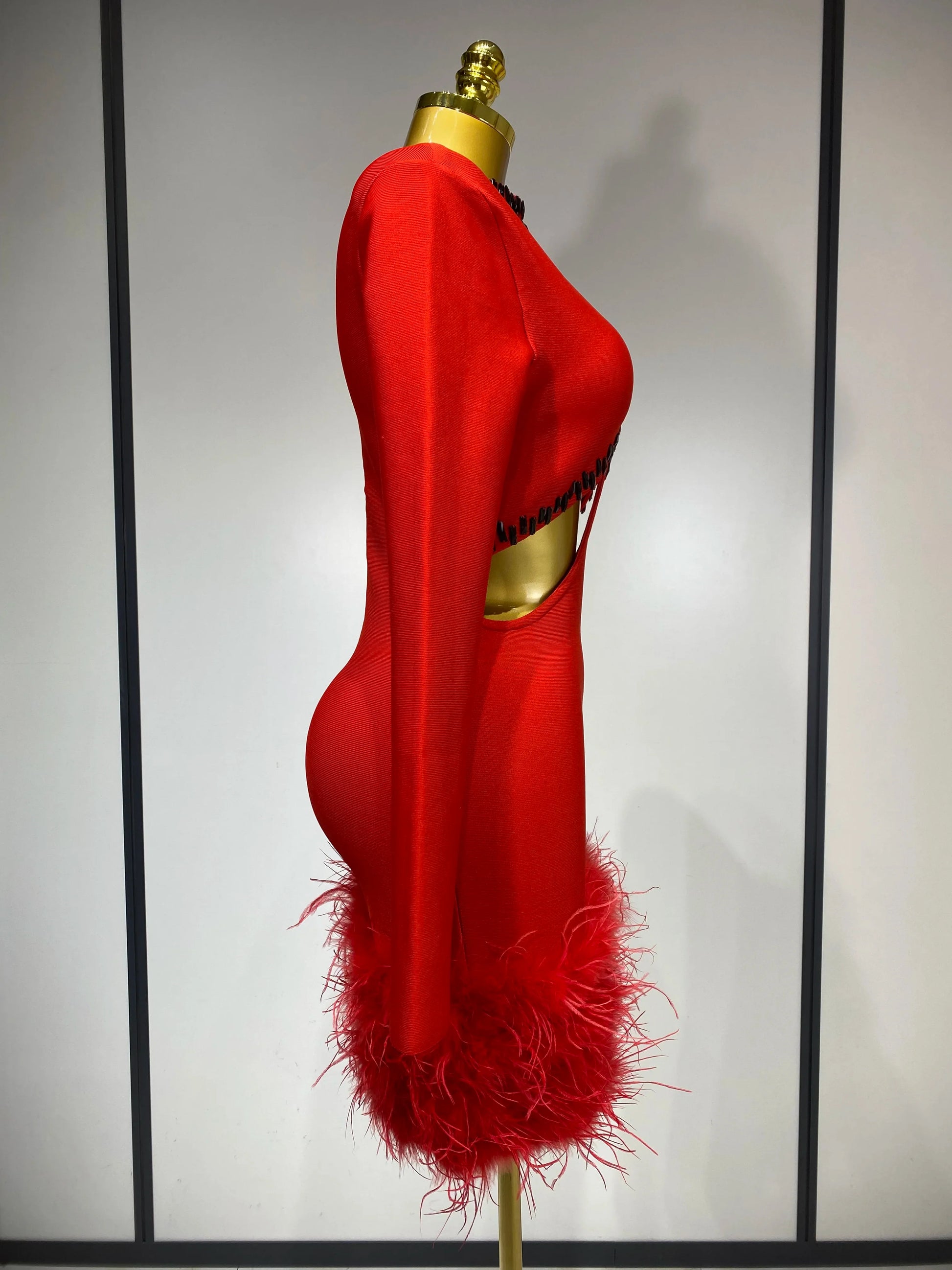 Women Sexy Cut Out Long Sleeve Beading Feather Red Mini Bandage Dress Celebrity Elegant Evening Party Luxury Birthday Dresses