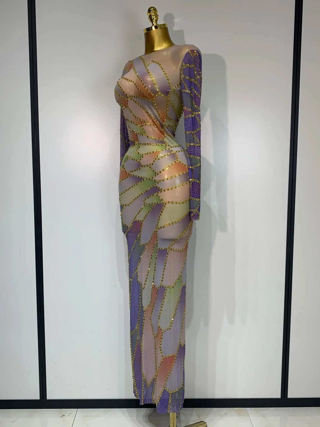 Sparkly Rhinestone Stretchy Mesh See Through Dress Women Performance Dancer Costume Luxury Birthday Nightclub Stage Outfit MULTI