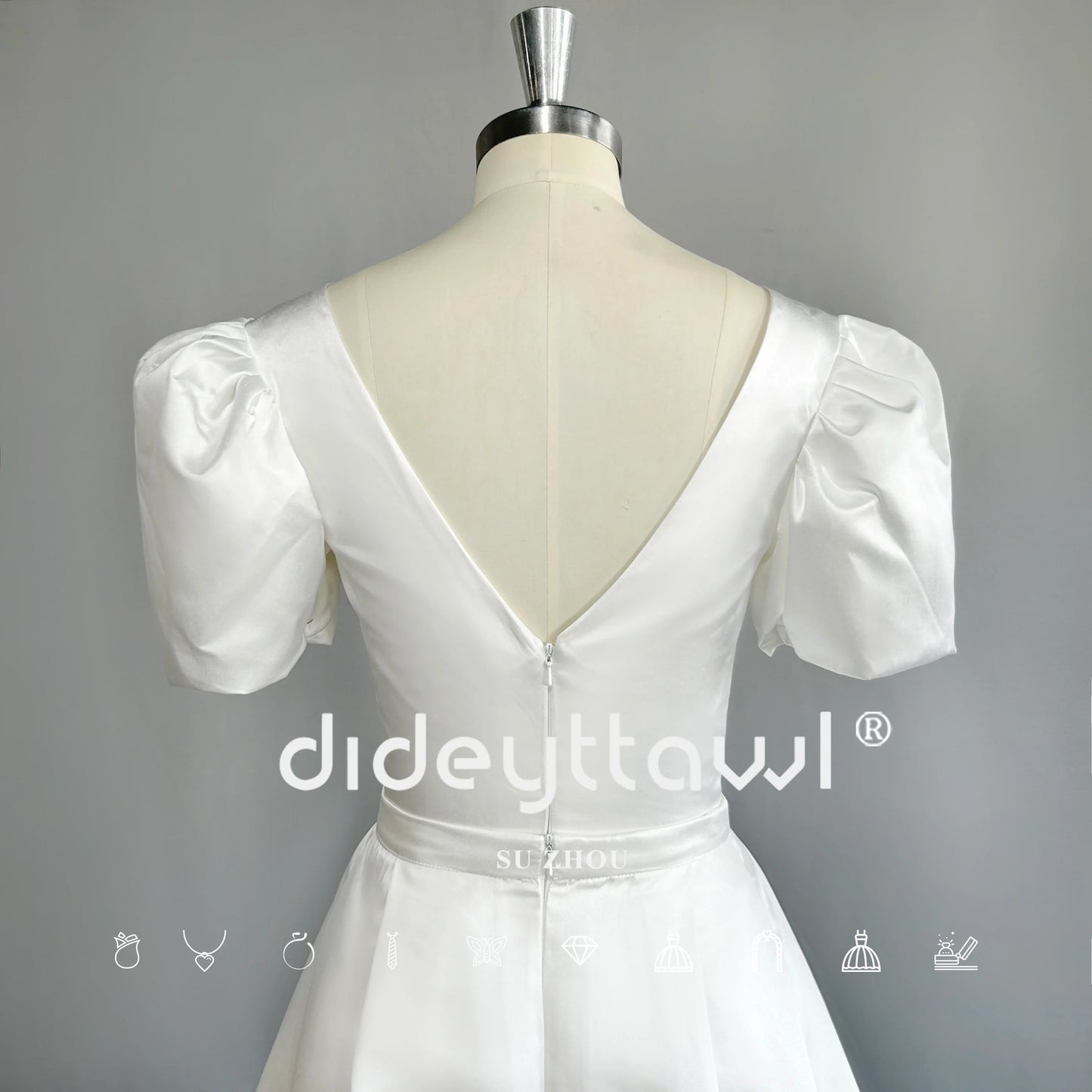 Vestido de novia corto elegante de satén con mangas abullonadas y tren desmontable, minivestido de novia largo con cuello en V