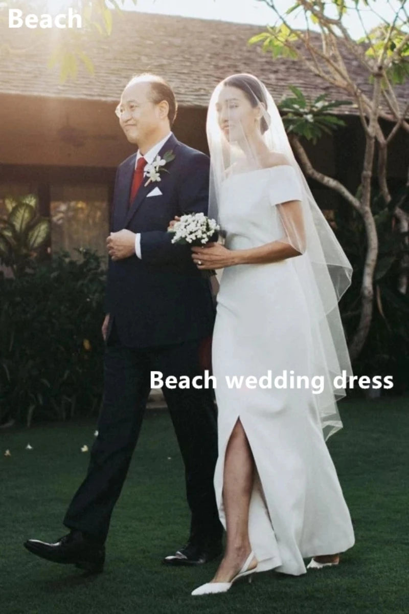Strapless Off-Shoulder Beach Wedding Dress Short Sleeves Satin Slit Backless Bridal Gowns vestidos de mairee Weddin
