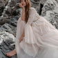 Vintage Beach Bohemia Wedding Dress Dot Tulle Pleats Sexy Deep V Open Back Lace Bell Sleeves Gaun Pengantin Unik