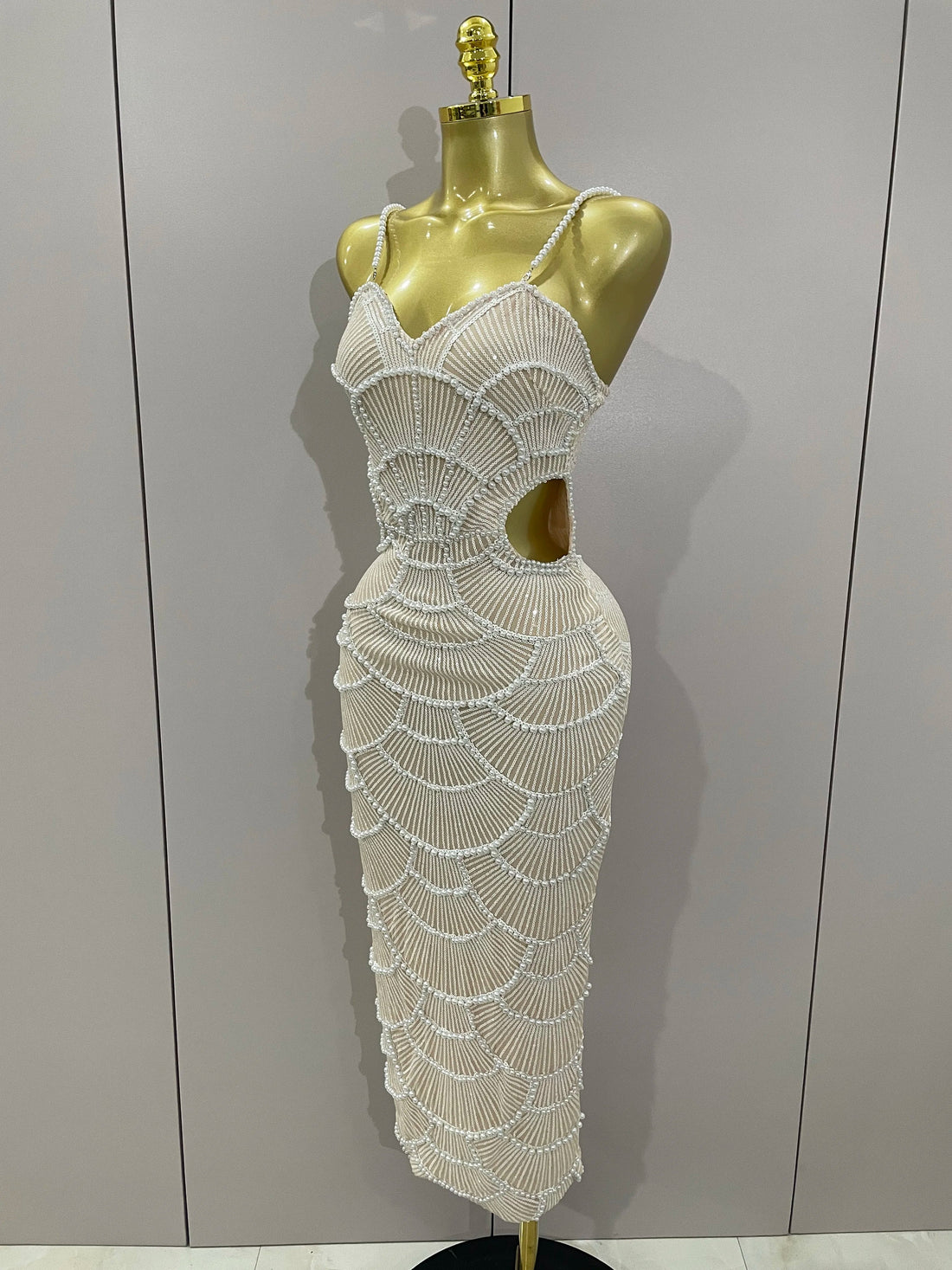 Women Hot Sale Sleeveless Sexy Strap Pearl Beading Sequins Bodycon Long Dress Celebrate Evening Party Birthday Outfit Vestido Beige