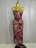 Sexy Strapless Floral Sequin Long Dress Women Sequins Flower Backless Long Slim Dress Evening Party Runway Gown Dress MULTI