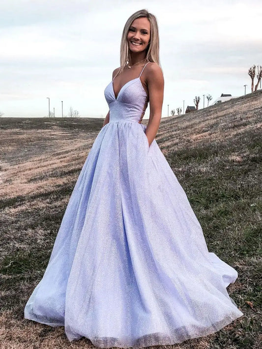 Vestidos de fiesta de lavanda Brillos Tul Cuello en V Correa de espagueti Tren de barrido largo Corsé Volver Vestidos de noche de fiesta formales por encargo