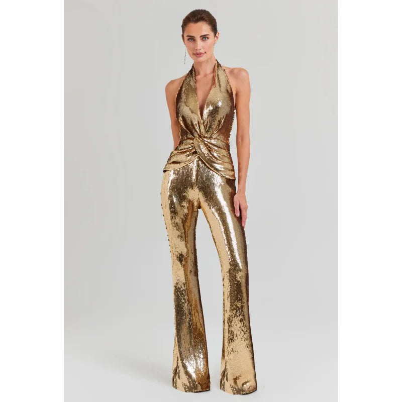 Golden Sequins Stylish Flare Pants Halter Blackless Jumpsuit Woman Fashion Party Outfit Stage Performance Costume