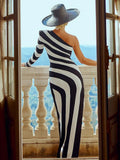 Women Sexy One Shoulder Striped High Split Jacquard Maxi Bodycon Bandage Long Dress Celebrity Evening Party Gown