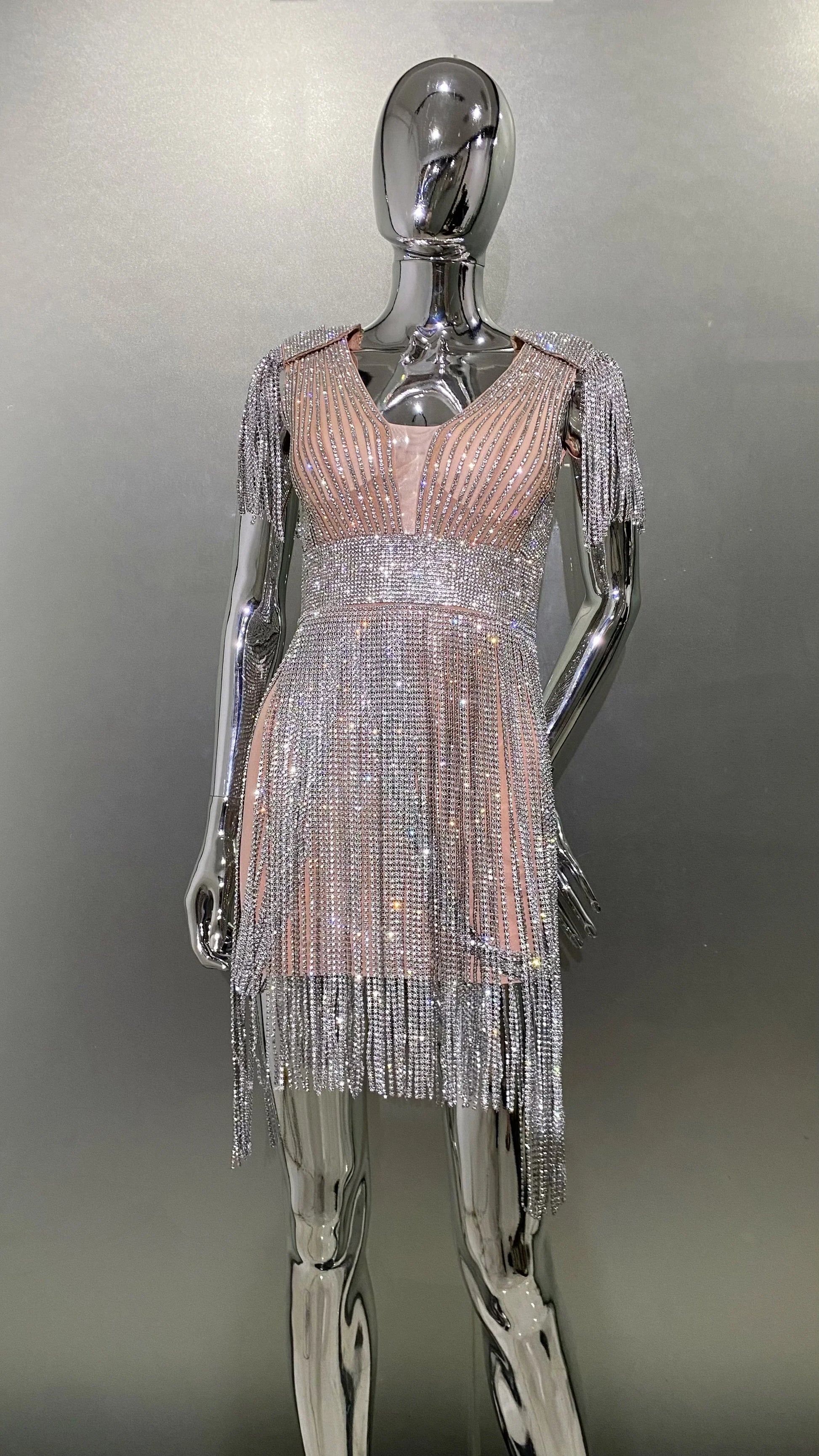 Super Shining Diamonds Tassel Sleeveless Mini Evening Dress Woman Birthday Party Outfit Performance Costume