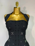 Elegant Sparkly Rhinestone Pearl Halter Backless Bodycon Bandage Long Dress Women Luxury Birthday Evening Party Gowns