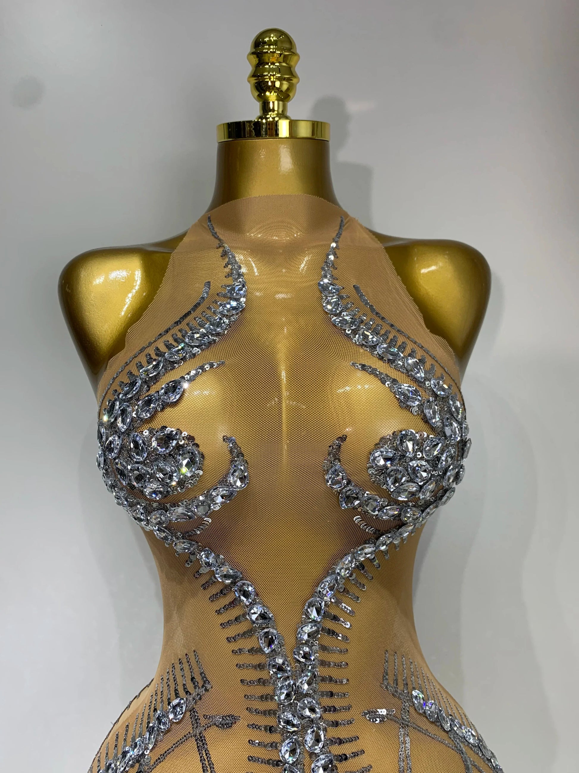 Luxury Party Cocktail Short Dress Women Mesh Sexy See Through Rhinestones Tassel Dress Nightclub Perform Singer Stage Costume