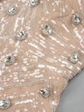 Apricot Sequins Mermaid Long Dress Optical Illusion Strapless Crystals Flowers Embellished Celebrity Evening Party Gowns