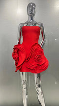 Stereoscopic Flowers Strapless Red Bandage Mini Evening Dress Fashion Woman Birthday Party Dress Celebrity Party Outfit Red