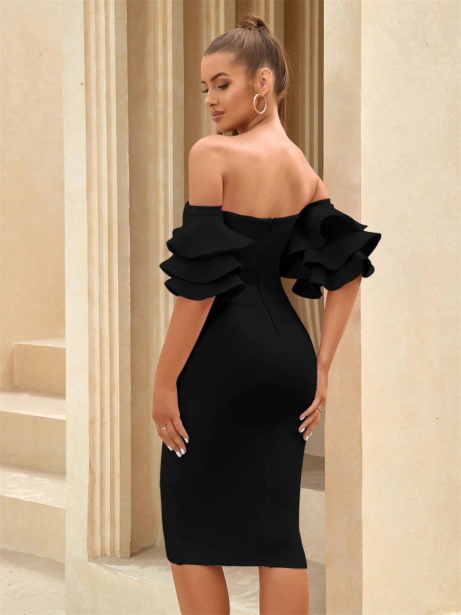 Bandage Elegant Dresses for Women Off Shoulder Sexy Knee Length Luxury Dress Celebrity Night Club Bodycon Modest Cocktail Cloth black