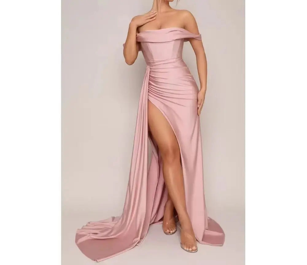 Off the Shoulder Bridesmaid Dresses Satin Strapless Mermaid Split Sweep Train Pleated Wedding Party Dresses Customized 36