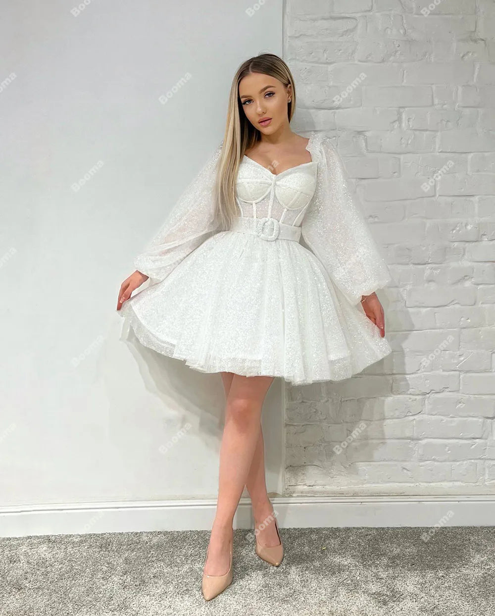 Shiny A Line Short Women Wedding Party Dresses Off Shoulder Boning Corset Long Puff Sleeves Bridal Party Gowns Prom Dress