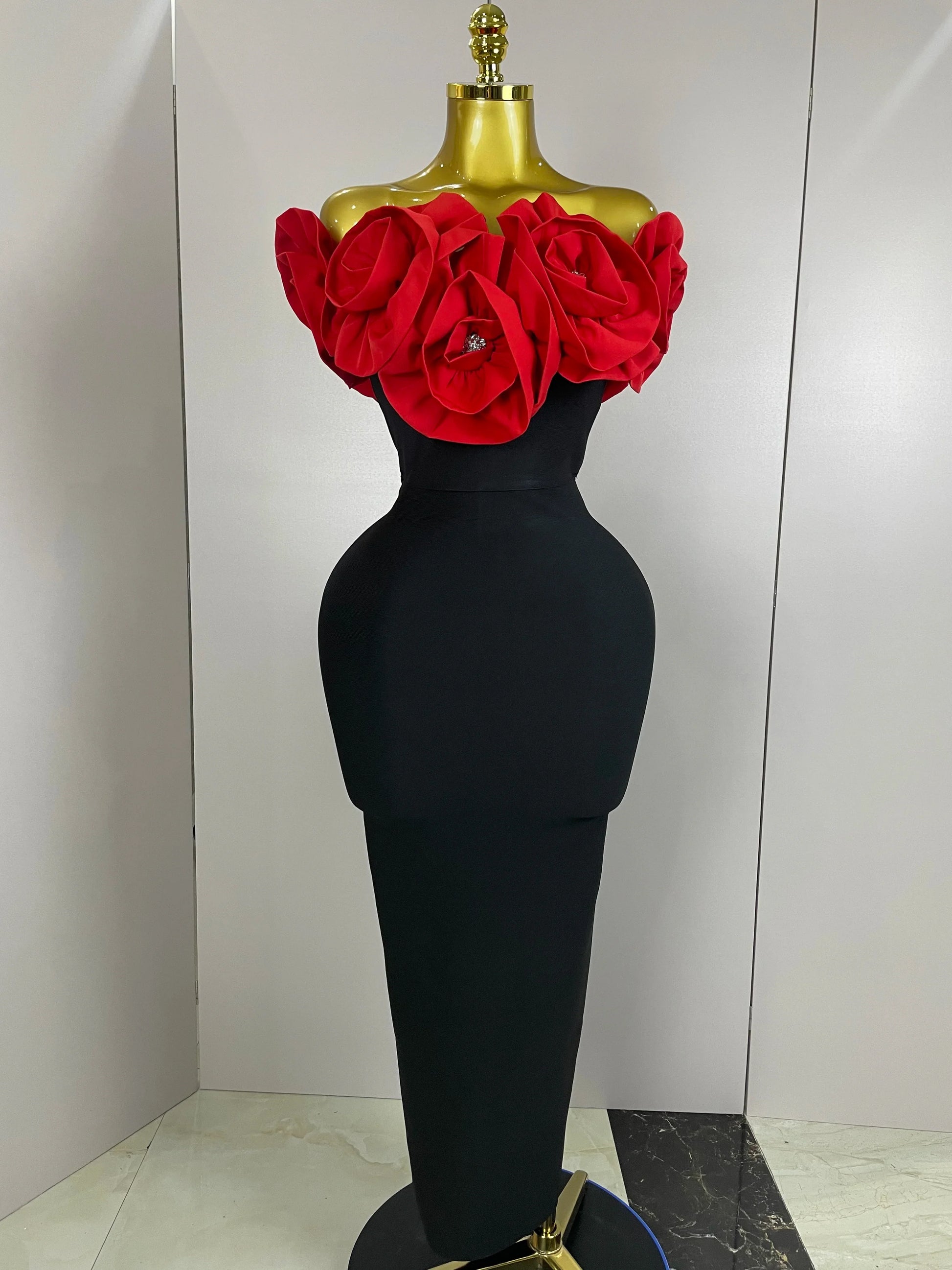 Stereoscopic Red Flowers Sexy Off The Shoulder Ankle Lenght Bandage Dress Woman Birthday Party Vestido Wedding Party Outfit Red