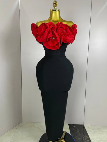 Stereoscopic Red Flowers Sexy Off The Shoulder Ankle Lenght Bandage Dress Woman Birthday Party Vestido Wedding Party Outfit Red