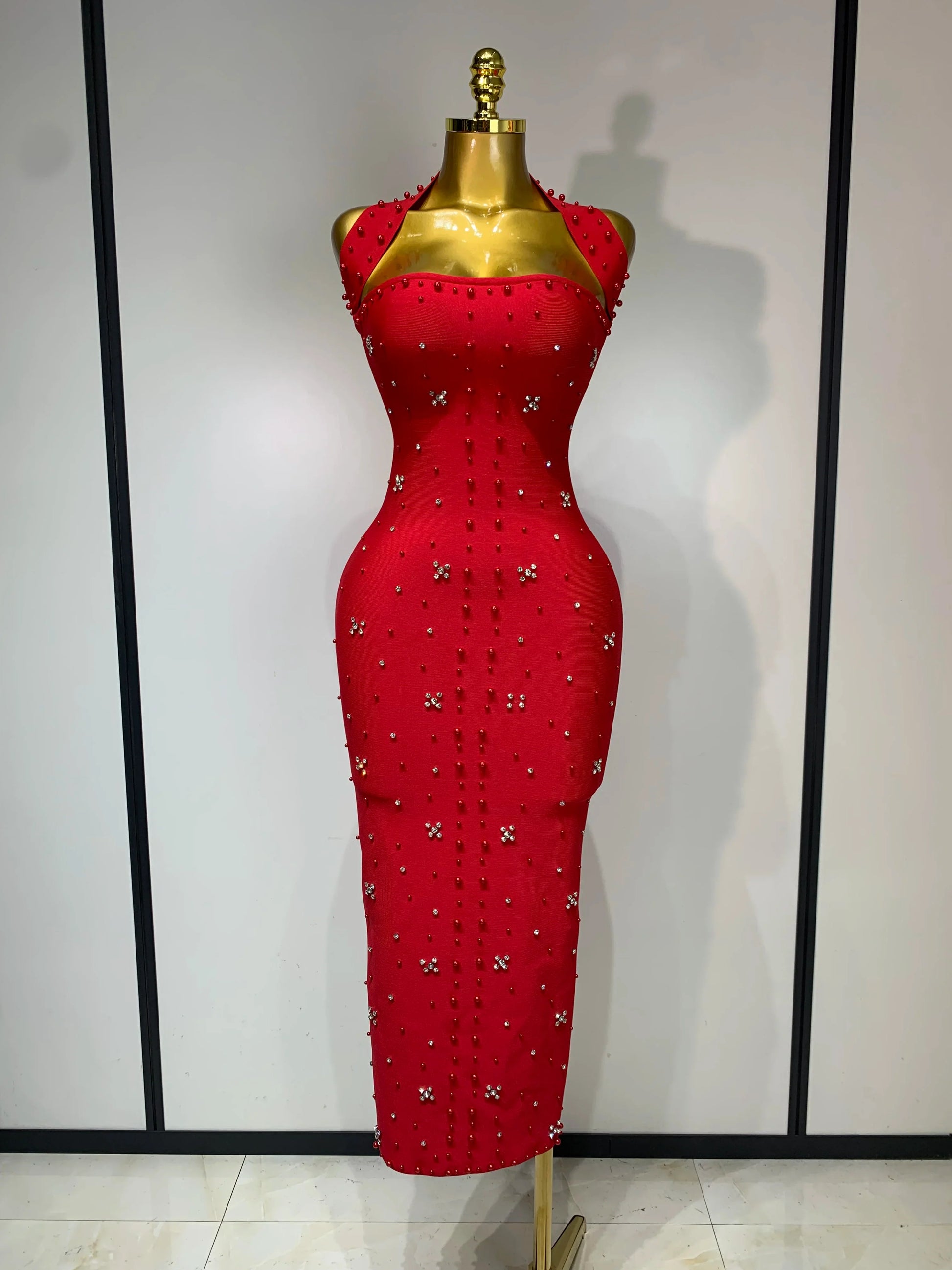 Women Sexy Halter Backless Shiny Rhinestone Pearl Bodycon Bandage Dress Celebirty Elegant Evening Party Luxury Birthday Dress Red