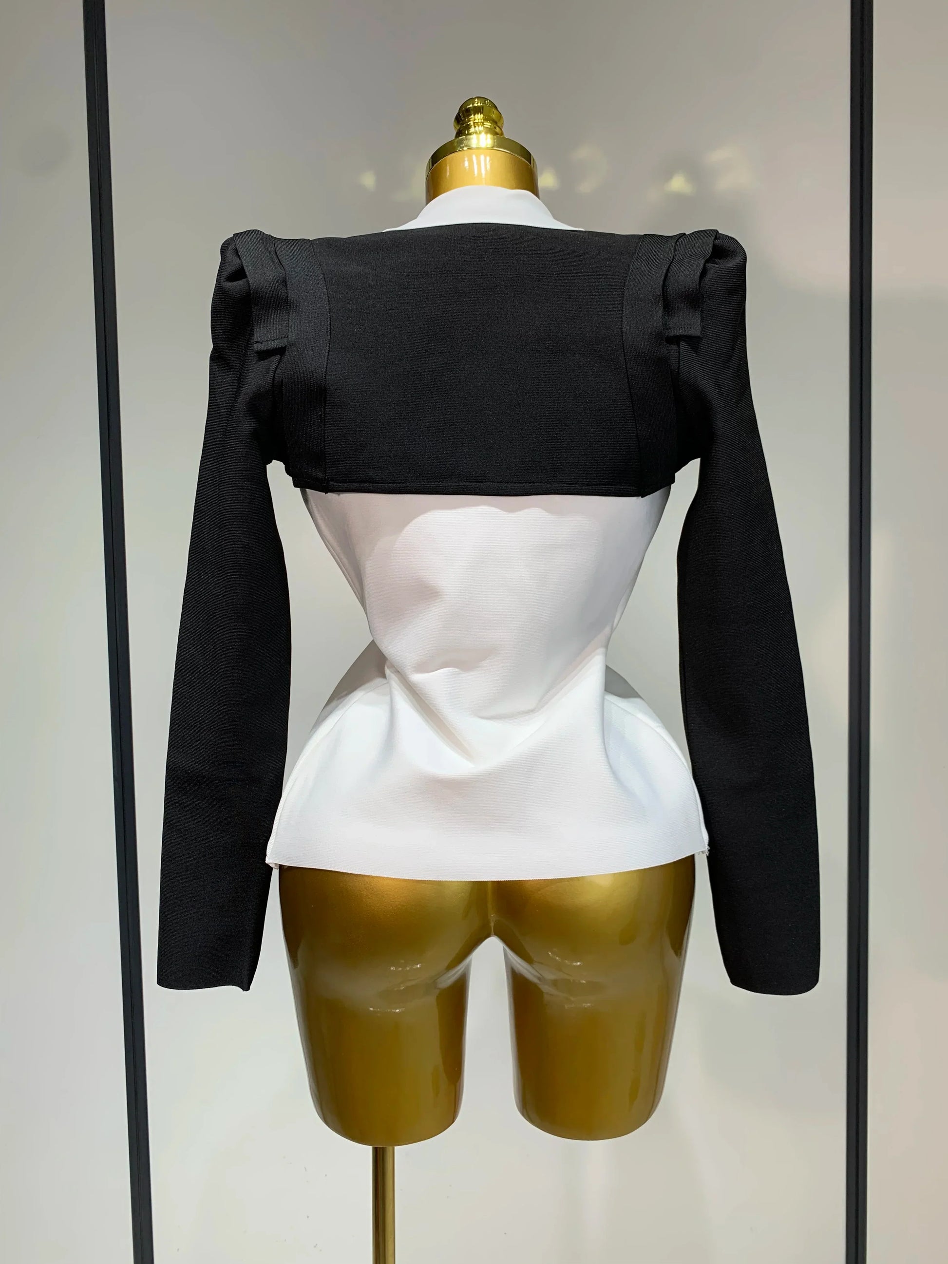 Designer Fashion Black White Bandage Jacket Two Piece Set Women Slim Fit Diamond Button Suit Jackets Coat