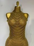 Women Sexy Sparkly Rhinestone Gold Maxi Dress Mesh See Through Evening Party Singer Stage Perform Costume Luxury Birthday Gown