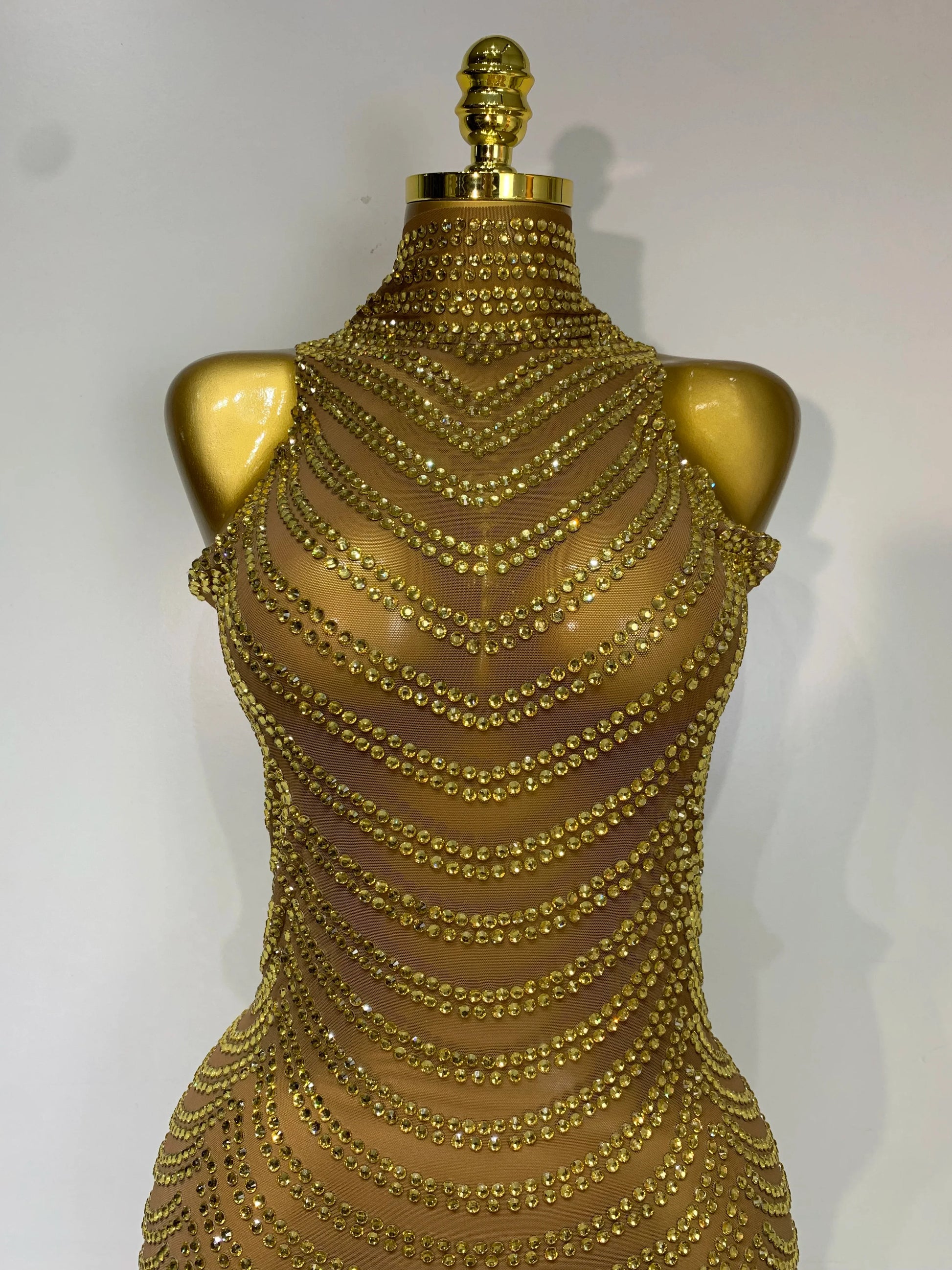 Women Sexy Sparkly Rhinestone Gold Maxi Dress Mesh See Through Evening Party Singer Stage Perform Costume Luxury Birthday Gown