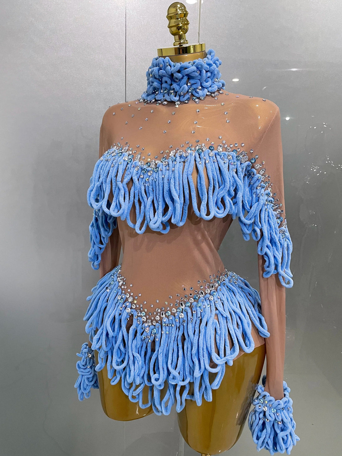 Women Shining Rhinestones Sexy Mesh Tassels Bodysuit Birthday Party Club Performance Dance DJ Leotard Show Stage Wear SKY BLUE